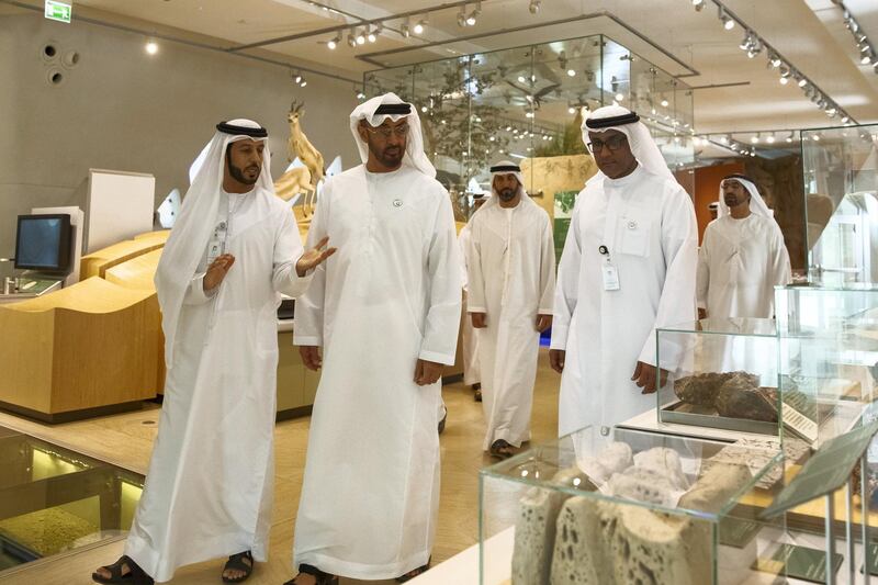 AL AIN, UNITED ARAB EMIRATES - January 17, 2019: HH Sheikh Mohamed bin Zayed Al Nahyan, Crown Prince of Abu Dhabi and Deputy Supreme Commander of the UAE Armed Forces (front 2nd L), tours the Sheikh Zayed Desert Learning Centre (SZDLC), at the Al Ain Zoo. Seen with Ghanim Al Hajeri, Director General of Al Ain Zoo (front R).

( Mohammed Al Blooshi )
---