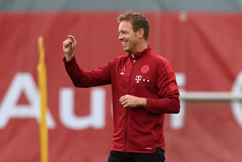 Bayern Munich head coach Julian Nagelsmann gestures as he attends a training session on September 28, 2021 in Munich, southern Germany, on the eve of the Champions League Group E football match against Dynamo Kyiv. AFP