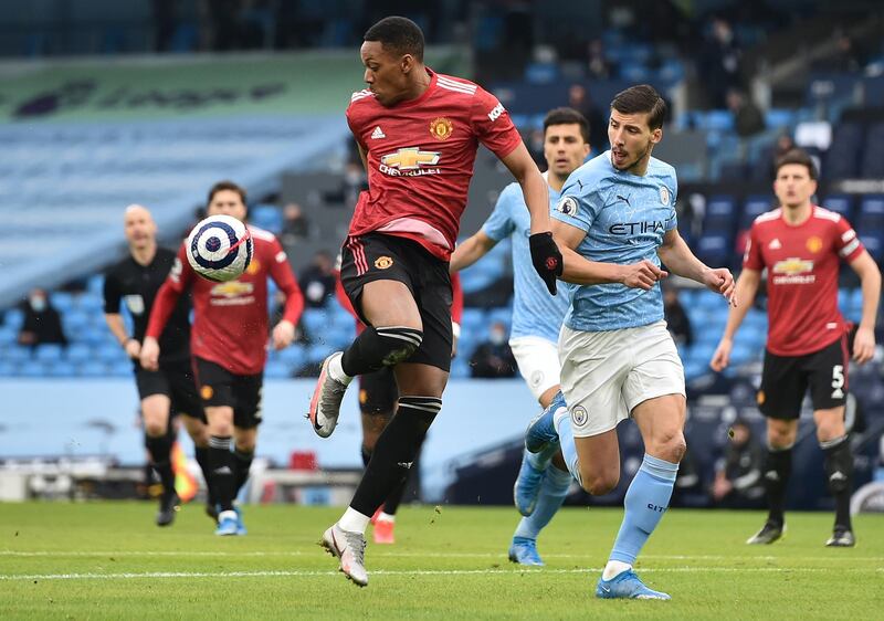 Anthony Martial - 8: Started as the central striker and won a penalty after 34 seconds after being fouled by Gabriel Jesus. Looked dangerous when the ball came to him – as he did in the equivalent fixture last season. Ran at City defenders and held them off throughout. Had two superb chances to make it 3-0, the first a header, the second a shot. Did we see him smile in the second half? We did. It has been a while. EPA