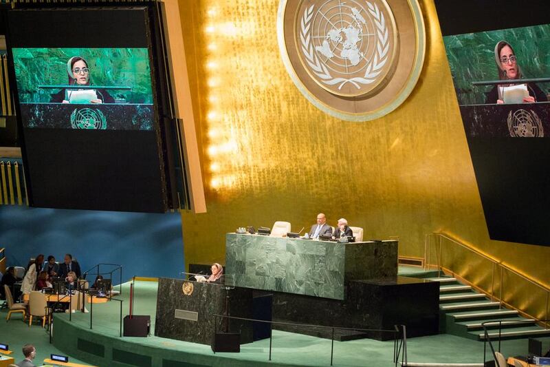 “Access to clean energy, sufficient and affordable food, quality education and health care, sustainable economic growth, healthy ecosystems, increased resource efficiencies – all these issues resonate strongly with the UAE,” said Sheikha Lubna Al Qasimi, Minister of International Cooperation and Development (Micad), during a speech to the UN general assembly on Saturday evening. Courtesy of the Ministry of International Cooperation and Development