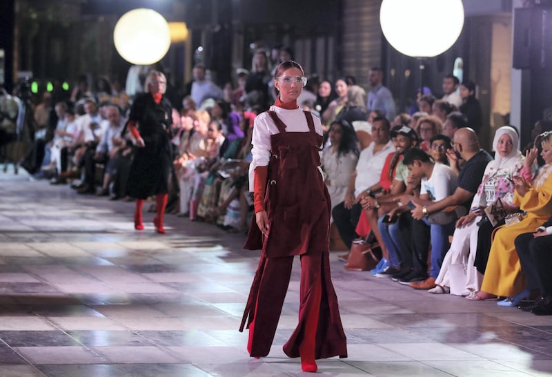 Dubai, United Arab Emirates - June 20, 2019: Designs by student designer Obeid Razzak, the collection takes inspiration from Dubai specifically the expats that live here. Esmod Fashion Show. Thursday the 20th of June 2019. City Walk, Dubai. Chris Whiteoak / The National
