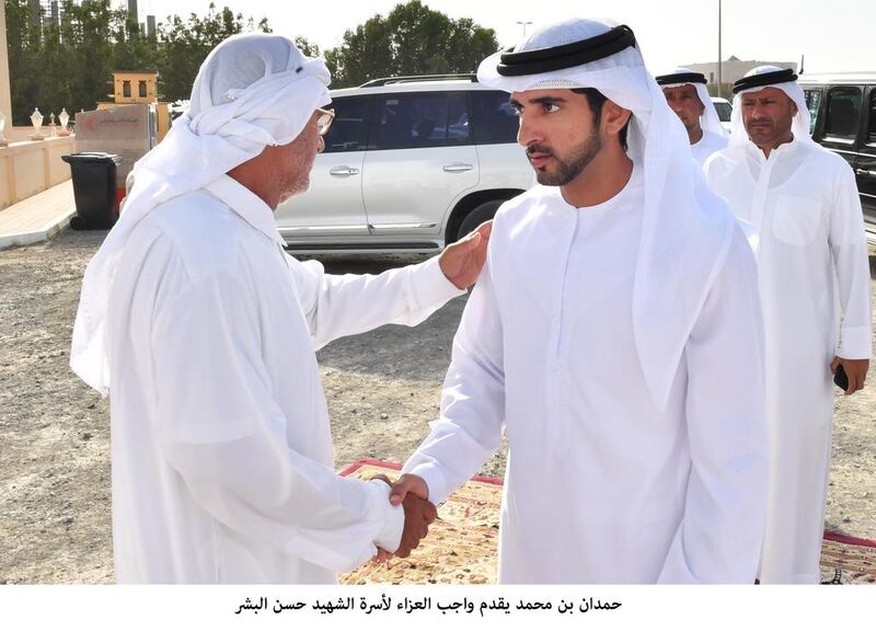 Sheikh Hamdan bin Mohammed, Crown Prince of Dubai, on Thursday extends condolences to the family of the  Hassan Abdullah Al Bishir, who died while participating in the Saudi-led coalition against Houthi forces in Yemen. Wam
