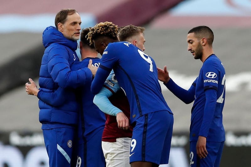 Chelsea's manager Thomas Tuchel congratulates his players after the win over West Ham United. AFP