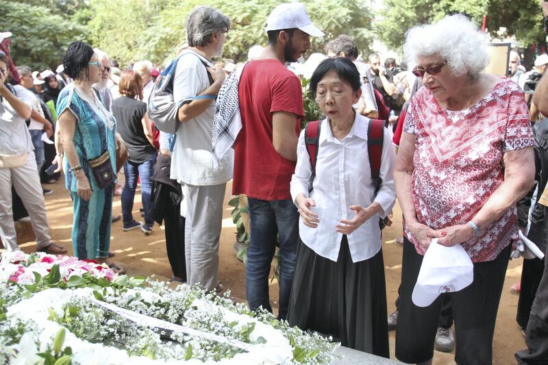 Ellen Siegel and Ang Swee visit a memorial to the more than 1,300 victims of the Sabra and Shatila massacre in 1982. Siegel and Swee both worked at Gaza Hospital in Shatila when the massacre took place. Siegal is from Washington, DC and Swee is from London. 