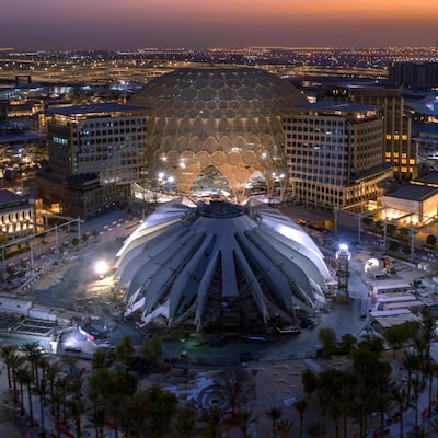 The UAE pavilion with Al Wasl Plaza in the background seen from above at the Dubai Expo 2020 site. Courtesy: Dubai Expo 2020