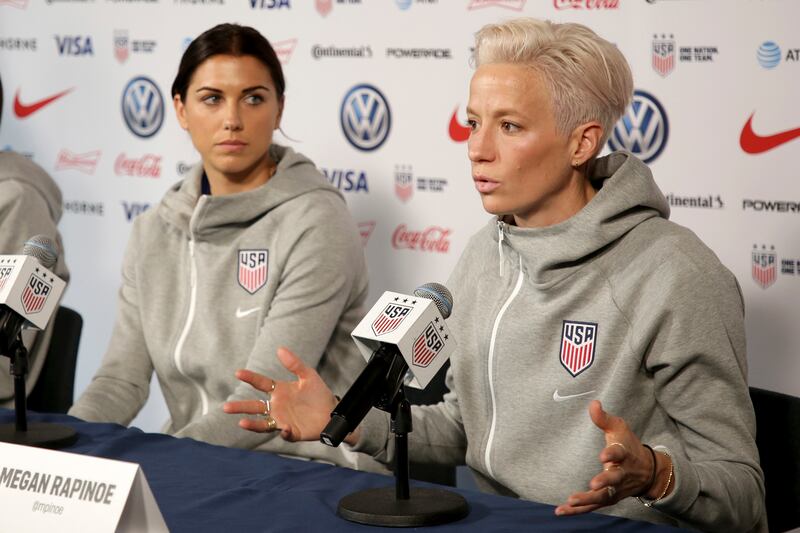 American footballers Alex Morgan and Megan Rapinoe in New York. AP