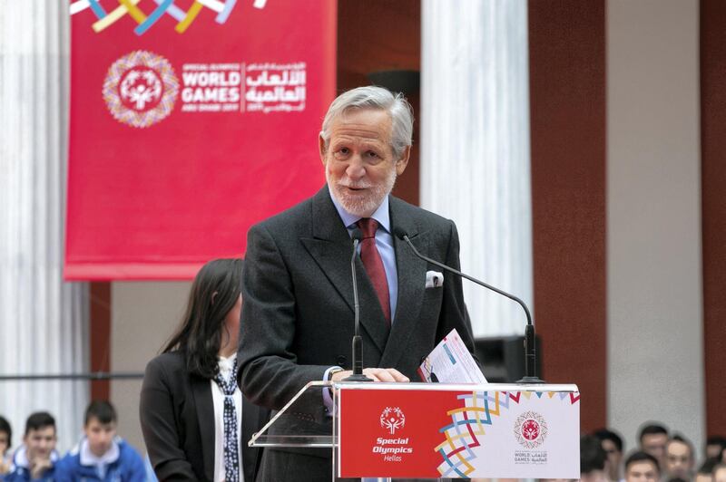 Ambassador Dionyssios Kodellas, President of Special Olympics Hellas addresses attendees at the Flame of Hope torch lighting ceremony.