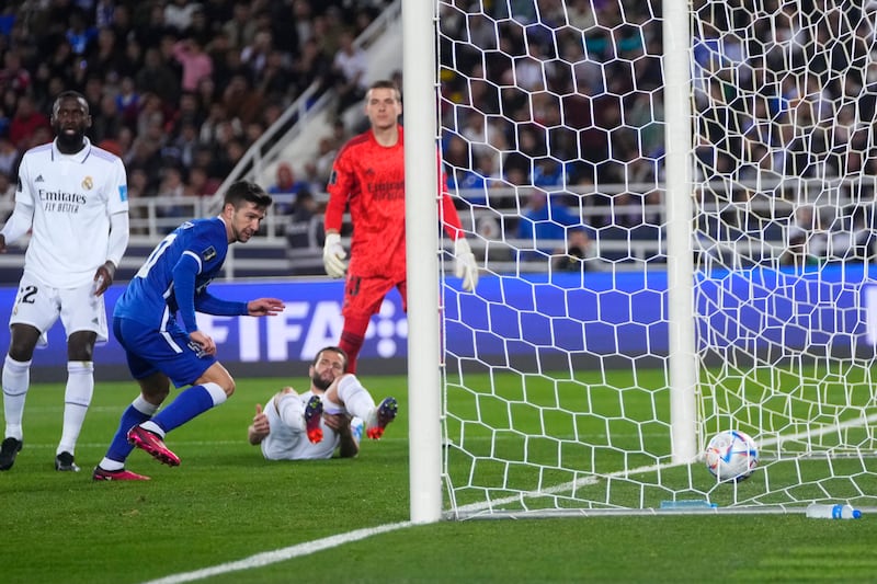 Luciano Vietto scores Al Hilal's third goal against Real Madrid. AP