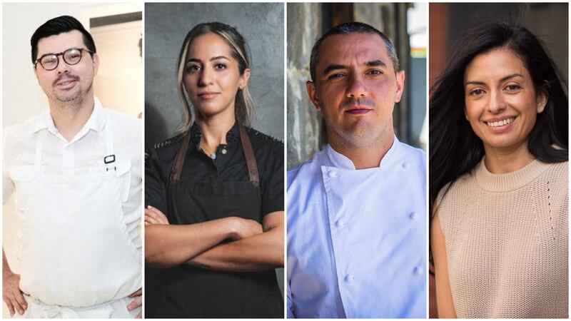 From left, Alberto Landgraf, Tala Bashmi, Julien Royer and Victoria Blamey. Photo: Alberto Landgraf / Instagram, Mena's 50 Best Restaurants, Julien Royer / Instagram, Victoria Blamey