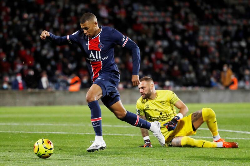Kylian Mbappe scores the first goal. Reuters