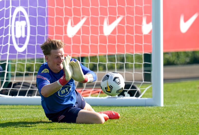 England goalkeeper Jordan Pickford during a training session at Hotspur Way. PA