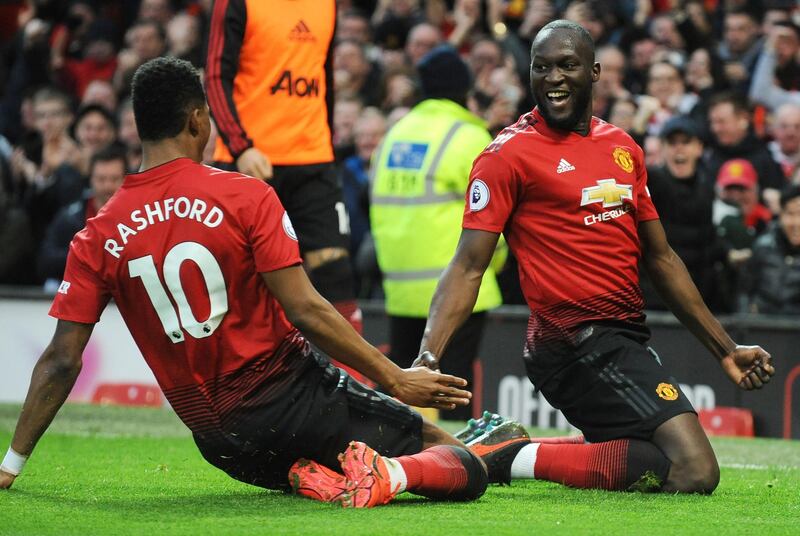 Manchester United's Romelu Lukaku, right, celebrates with Marcus Rashford after scoring their side's second goal. EPA