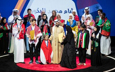 Sheikh Mohammed bin Rashid, Vice President and Ruler of Dubai, congratulates Sham Al Bakour. Ruel Pableo for The National