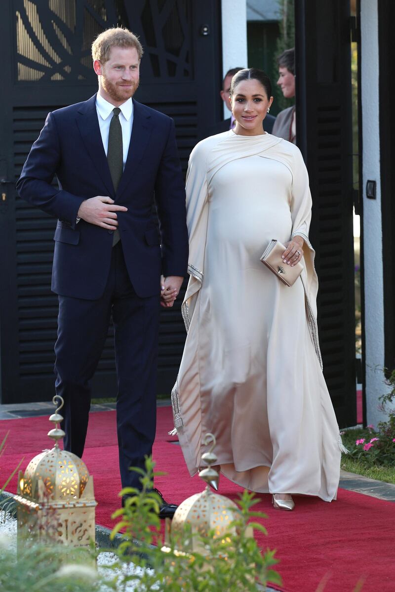 Meghan, Duchess of Sussex steps out in a bespoke Dior dress for a reception hosted by the British Ambassador to Morocco at the British Residence in Rabat, on the second day of their tour of the country.  EPA