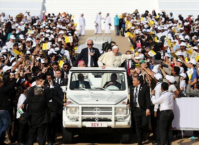 Abu Dhabi, United Arab Emirates - February 05, 2019: The Pope arrives. Pope Francis takes a large public mass to mark his land mark visit to the UAE. Tuesday the 5th of February 2019 at Zayed Sports city stadium, Abu Dhabi. Chris Whiteoak / The National