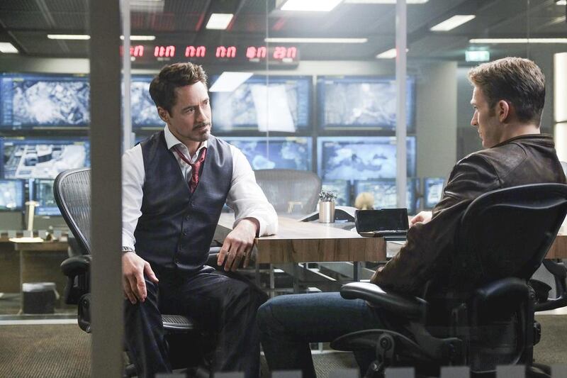 Robert Downey Jr as Tony Stark/Iron man, left, and Chris Evans as Steve Rogers/Captain America. Zade Rosenthal / Marvel 