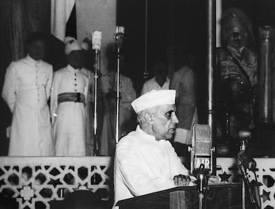 Jawaharlal Nehru, India's first prime minister, delivers his famous 'tryst with destiny' speech on August 15, 1947, at Parliament House in New Delhi. AFP