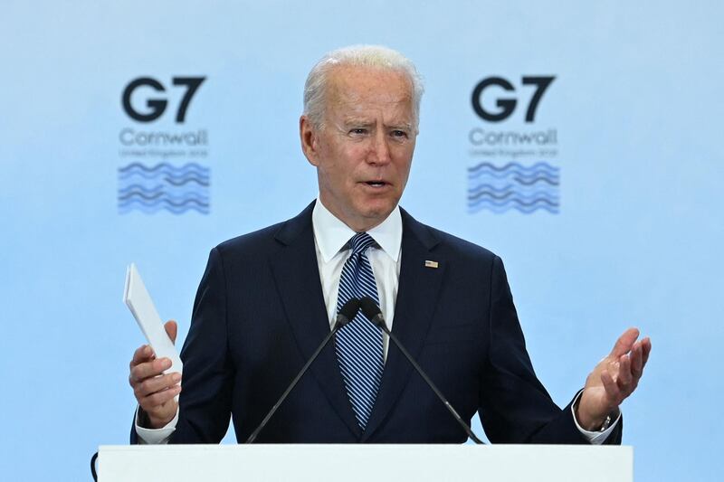 (FILES) In this file photo US President Joe Biden takes part in a press conference on the final day of the G7 summit at Cornwall Airport Newquay, near Newquay, Cornwall on June 13, 2021. The global infrastructure plan announced by G7 leaders aims to offer developing nations a credible alternative to China's much-criticized Belt and Road Initiative -- but it faces major hurdles on the ground, especially if Beijing's hiccups are any indication.  US President Joe Biden was able to convince the G7 to sign onto the initiative, drawing allies into Washington's strategic rivalry with Beijing, under a plan titled "Build Back Better World" (B3W) that aims to provide hundreds of billions in infrastructure investment to developing nations.
 / AFP / Brendan SMIALOWSKI
