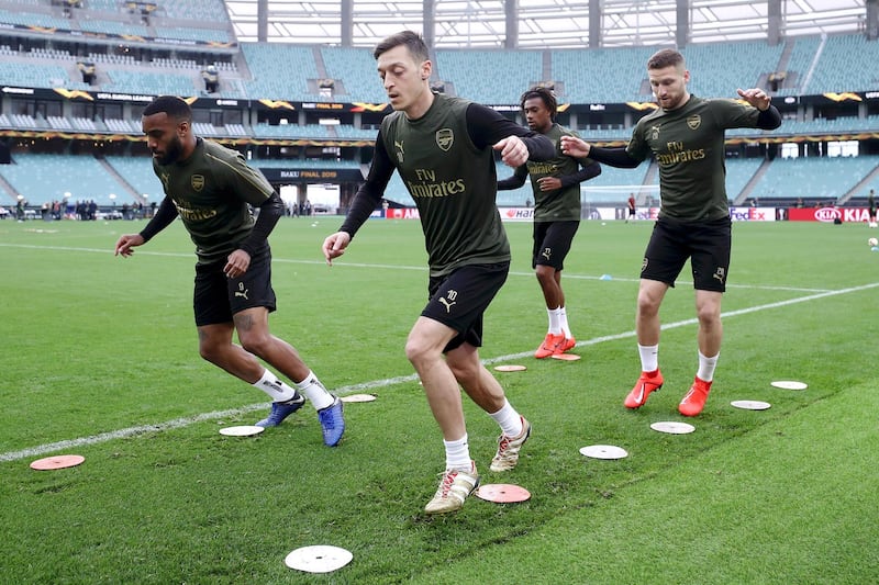 BAKU, AZERBAIJAN - MAY 28: Mesut Ozil of Arsenal trains during an Arsenal training session on the eve of the UEFA Europa League Final against Chelsea at Baku Olimpiya Stadion on May 28, 2019 in Baku, Azerbaijan. (Photo by Alex Grimm/Getty Images)