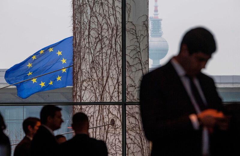 A EU flag flies next to the TV Tower outside the chancellery as officials wait for German Chancellor Angela Merkel and Armenian Prime Minister Nikol Pashinyan to arrive for a joint press conference at the chancellery in Berlin, on February 1, 2019 / AFP / John MACDOUGALL
