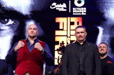 File photo dated 16-11-2023 of Tyson Fury (left) and Oleksandr Usyk. Tyson Fury's world heavyweight title fight against Oleksandr Usyk, due to take place on February 17, has been postponed after the Briton suffered a "freak cut" during a sparring session, promoter Queensberry has announced. Issue date: Friday February 2, 2024. PA Photo. See PA story BOXING Fury. Photo credit should read Zac Goodwin/PA Wire.