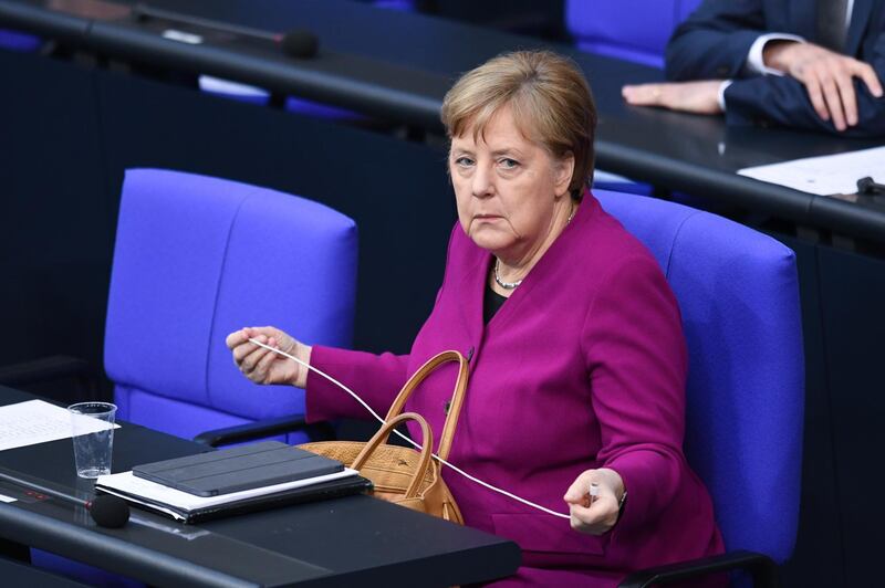German Chancellor Angela Merkel attends a session at the lower house of parliament, Bundestag, as the spread of the coronavirus disease (COVID-19) continues, in Berlin, Germany, April 23, 2020. REUTERS/Annegret Hilse