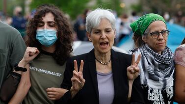 Green Party presidential candidate Jill Stein, centre, at a pro-Palestinian protest in St Louis, Missouri ahead of her arrest. St. Louis Post-Dispatch via AP