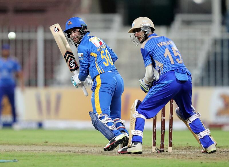 Sharjah, United Arab Emirates - October 17, 2018: Hashmatullah Shahidi of the Nangarhar Leopards bats during the game between Balkh Legends and Nangarhar Leopards in the Afghanistan Premier League. Wednesday, October 17th, 2018 at Sharjah Cricket Stadium, Sharjah. Chris Whiteoak / The National