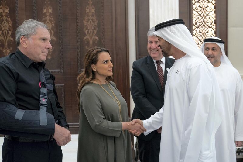 ABU DHABI, UNITED ARAB EMIRATES - May 21, 2019: HH Sheikh Mohamed bin Zayed Al Nahyan, Crown Prince of Abu Dhabi and Deputy Supreme Commander of the UAE Armed Forces (R), receives Special Olympics sponsors during an iftar reception at Al Bateen Palace.

( Eissa Al Hammadi for the Ministry of Presidential Affairs )
---