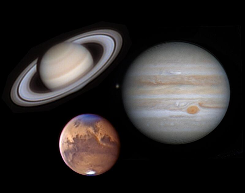 This image is a composite of 3 planets, Jupiter, Saturn and Mars, captured in 2020. Courtesy: Prabhakaran Andiappan.