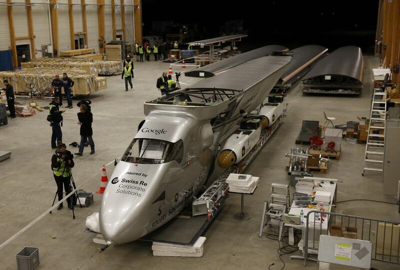 The dismantled 'Solar Impulse 2' is pictured before being loaded into a Cargolux Boeing 747 cargo aircraft. Cargolux carried the aircraft from Switzerland to Abu Dhabi, where it was reassembled for its globe-spanning journey.