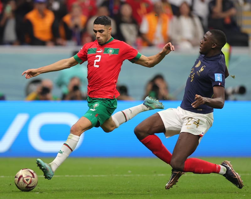 Ibrahima Konateof France in action against Achraf Hakimi of Morocco. EPA