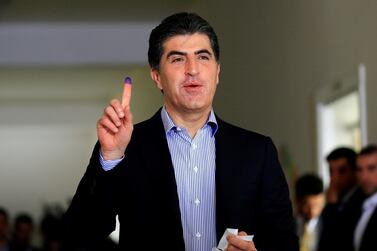 President of the Kurdistan Regional Government, Nechirvan Barzani, after casting his vote at a polling station in Erbil during parliamentary elections in September 2018. Reuters 