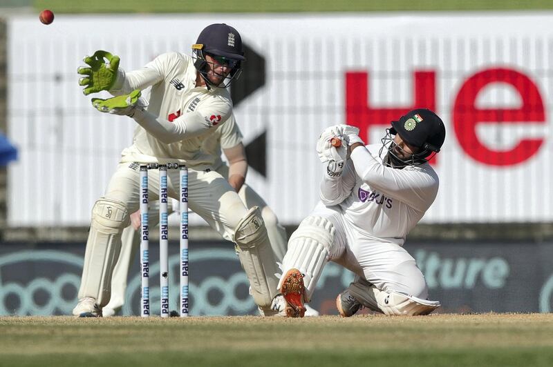 Rishabh Pant of (WK) India scoring a boundary during day three of the first test match between India and England held at the Chidambaram Stadium stadium in Chennai, Tamil Nadu, India on the 7th February 2021

Photo by Saikat Das/ Sportzpics for BCCI