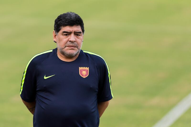 Diego Maradona oversees training on his first day as Fujairah manager. Christopher Pike / The National