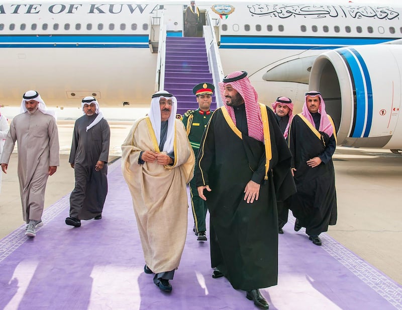 Saudi Crown Prince Mohammed bin Salman with Sheikh Meshal upon his arrival in Riyadh. SPA