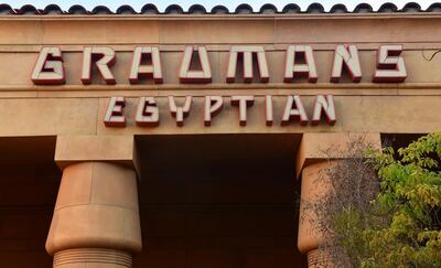 (FILES) In this file photo the sign of Grauman's Egyptian Theater on Hollywood Boulevard in Hollywood on April 15, 2019.  Netflix completed its purchase of Hollywood's historic Egyptian Theatre on May 29, helping to confirm the streaming giant's newfound central position in the movie industry. / AFP / Frederic J. BROWN
