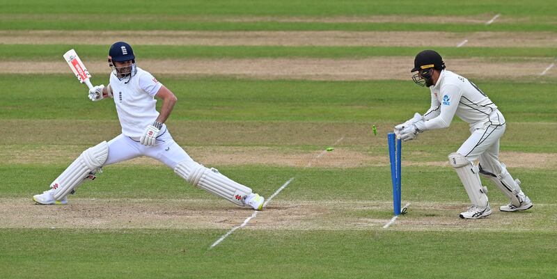New Zealand wicketkeeper Tom Blundell stumps James Anderson for nine runs as England are bowled out for 539 in their first innings. AFP