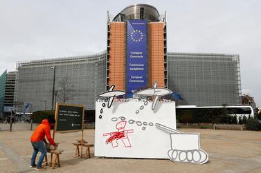 A 3D drawing by a Syrian girl, showing scenes of conflict, is pictured ahead of an international peace and donor conference for Syria, outside European Union institutions in Brussels, Belgium. Reuters 