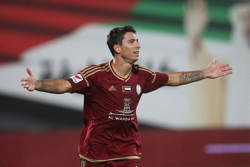 Sebastian Tagliabue of Al Wahda celebrates a goal against Dibba in an Arabian Gulf League match in January. Mona Al Marzooqi / The National