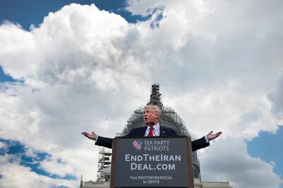 WASHINGTON, DC - SEPTEMBER 9:   Donald Trump speaks at a the Stop The Iran Nuclear Deal protest  in front of the U.S. Capitol in Washington, DC on September 9, 2015.  Notables at the protest were Ted Cruz, Donald Trump, Sarah Palin, Duck Dynasty's Phil Robertson.  The event was organized by the Tea Party.    (Photo by Linda Davidson/The Washington Post via Getty Images)