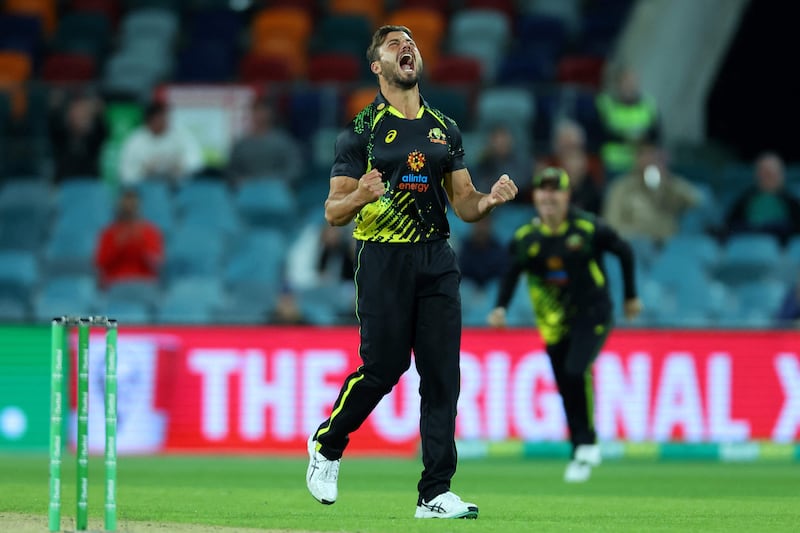 Australia's Marcus Stoinis celebrates taking the wicket of England's Alex Hales. AFP