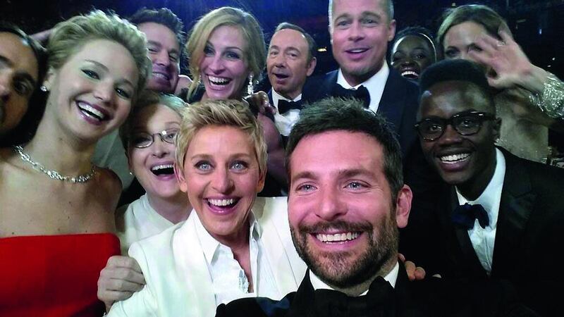 This image released by Ellen DeGeneres shows actors Jared Leto, Jennifer Lawrence, Meryl Streep, Ellen DeGeneres, Bradley Cooper, Peter Nyong’o Jr., Channing Tatum, Julia Roberts, Kevin Spacey, Brad Pitt, Lupita Nyong’o and Angelina Jolie as they pose for a “selfie” during the Oscars at the Dolby Theatre on March 2 in Los Angeles. Ellen DeGeneres / AP
