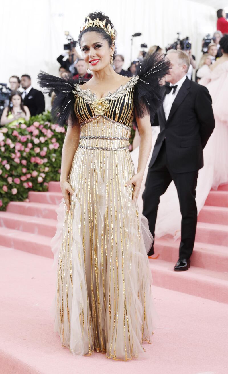 epa07552403 Salma Hayek arrives on the red carpet for the 2019 Met Gala, the annual benefit for the Metropolitan Museum of Art's Costume Institute, in New York, New York, USA, 06 May 2019. The event coincides with the Met Costume Institute's new spring 2019 exhibition, 'Camp: Notes on Fashion', which runs from 09 May until 08 September 2019.  EPA-EFE/JUSTIN LANE