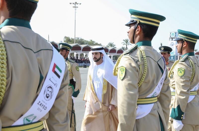 Sheikh Hamdan bin Mohammed, Crown Prince of Dubai, attends the graduation ceremony for the 25th batch of cadet officers from Dubai Police Academy. Wam