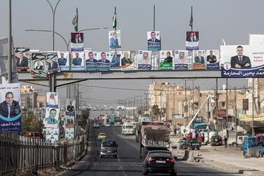 Placards of candidates are seen on a highway on the outskirt of Amman. Parliamentary elections are scheduled for 10 of November 2020. EPA