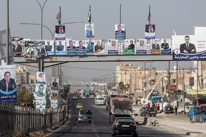 epa08777425 Placards of candidates are seen on a highway on the outskirt of Amman, Jordan, 27 October 2020. Parliamentary elections are scheduled for 10 of November 2020.  EPA/ANDRE PAIN