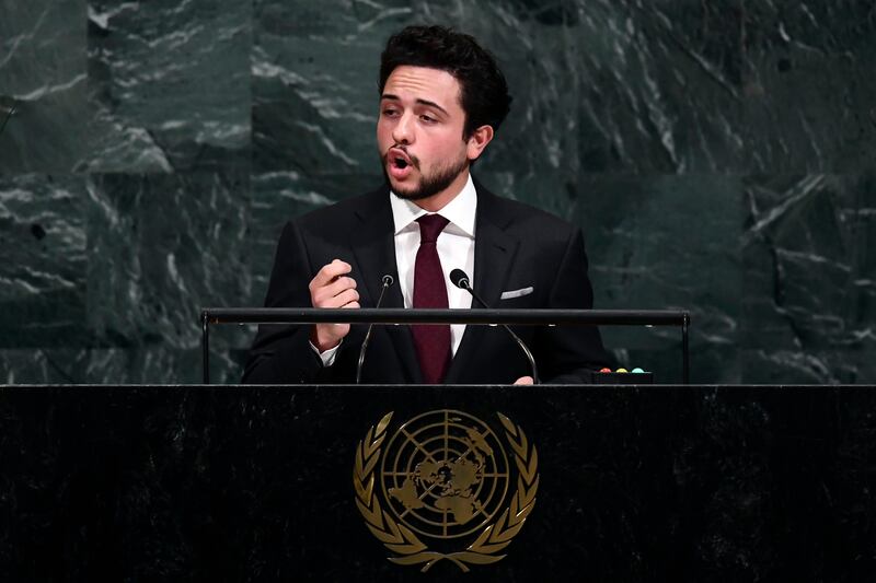 Jordan’s Crown Prince Hussein bin Abdullah II addresses the 72nd Session of the United Nations General assembly at the UN headquarters in New York on September 21, 2017.  / AFP PHOTO / Jewel SAMAD
