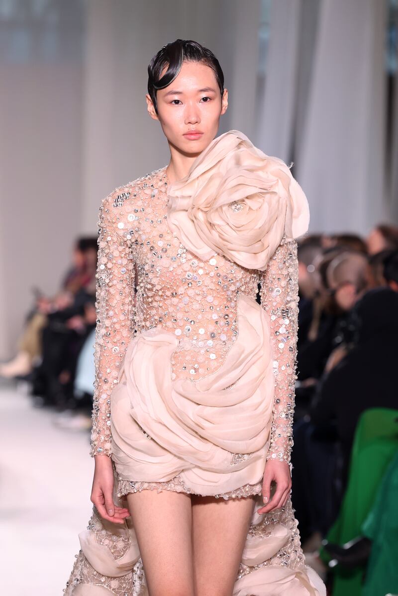 Intricately pieced chiffon and beadwork at Elie Saab. Getty Images