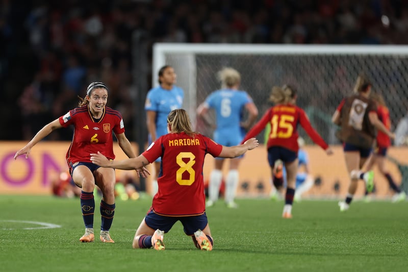 Mariona Caldentey and Aitana Bonmati of Spain celebrate after the team's victory. Getty